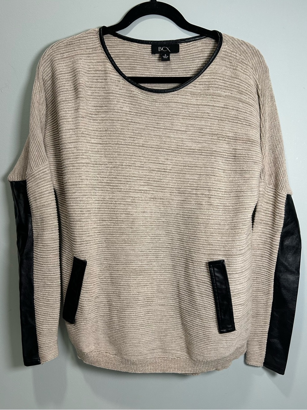 BCX Mixed Media Ribbed Sweater Faux Leather Accents Beige Black Women’s Small